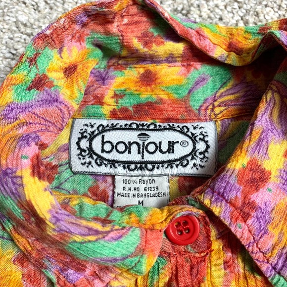 Vintage 90s Bonjour Rainbow Flower Power Button Down- M - Picture 5 of 9